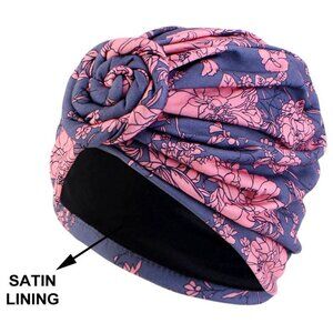 Gray Pink Floral Turbans for Women Pre-Tied Turban Satin-Lined Head Wraps Beanie